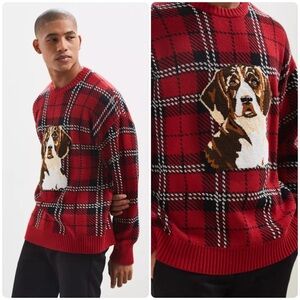 Urban Outfitters Red Checkered Crewneck Sweater with Dog Design